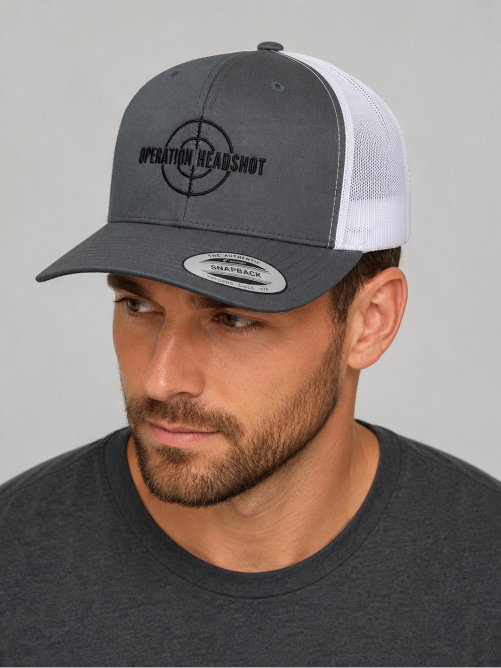 New The Classic Yupoong Operation Headshot Snapback Trucker‎ Hat Gray White Mesh
